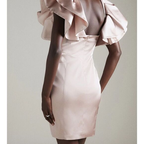 NEW KAREN MILLEN Pink Satin Ruffle Sleeve Mini Dress - Picture 3 of 5
